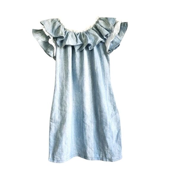 EUC TOV Los Angeles Off Shoulder Chambray Dress Ruffle Blue Size 40 M - Picture 9 of 11